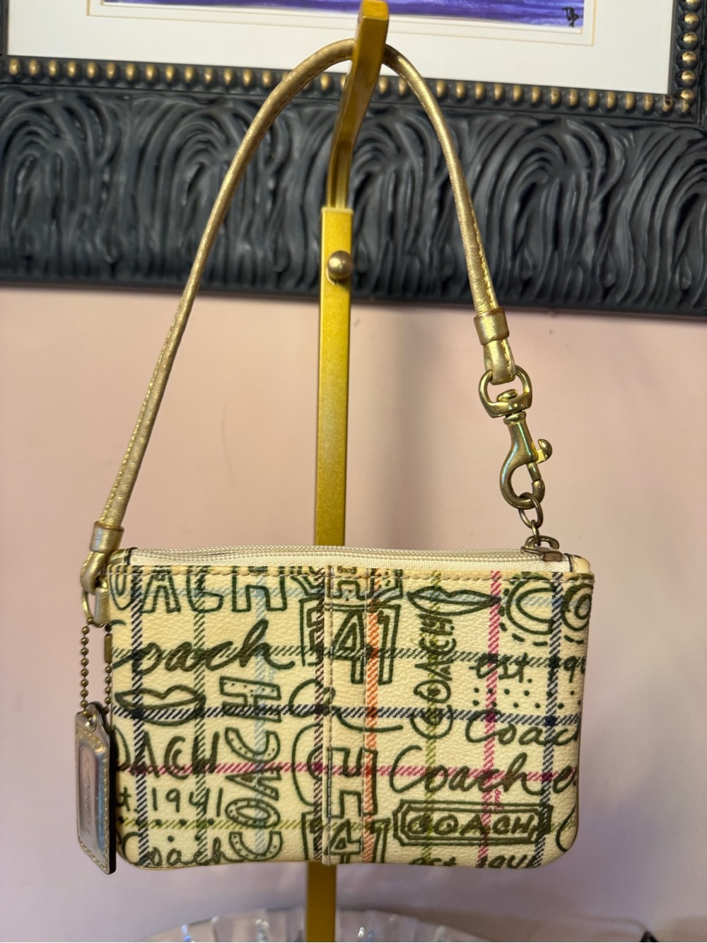 Coach Multicolor Script Canvas Wristlet in Cream